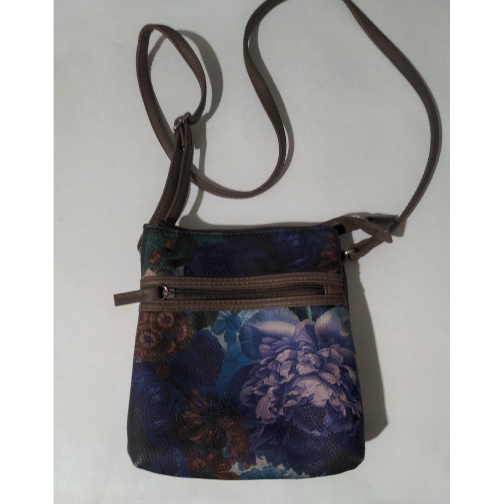Purple Blue & Tan Floral Medium Size Crossbody Purse